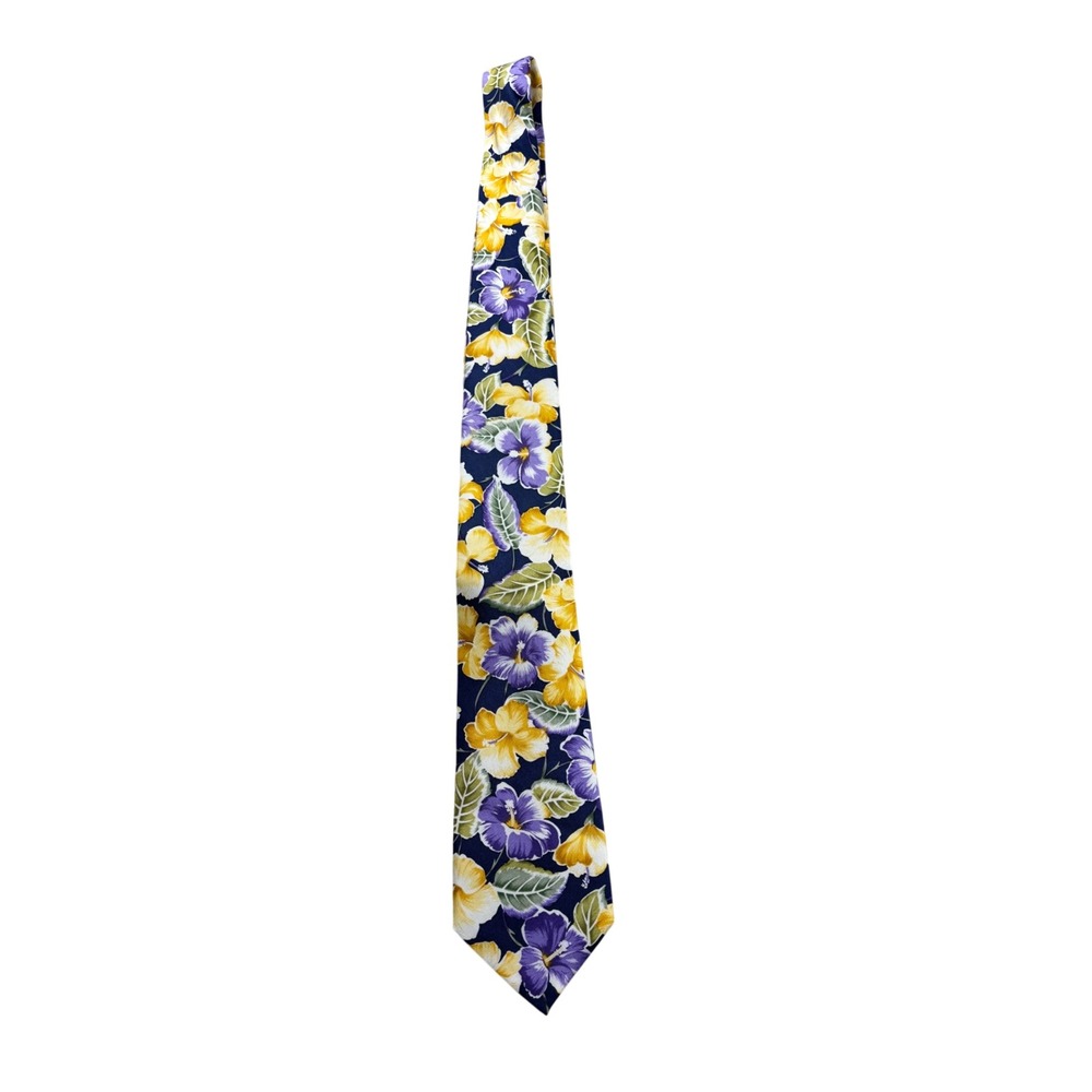 Lauren Ralph Lauren Mens Silk Tie Navy Purple Yellow Tropical Floral Hibiscus